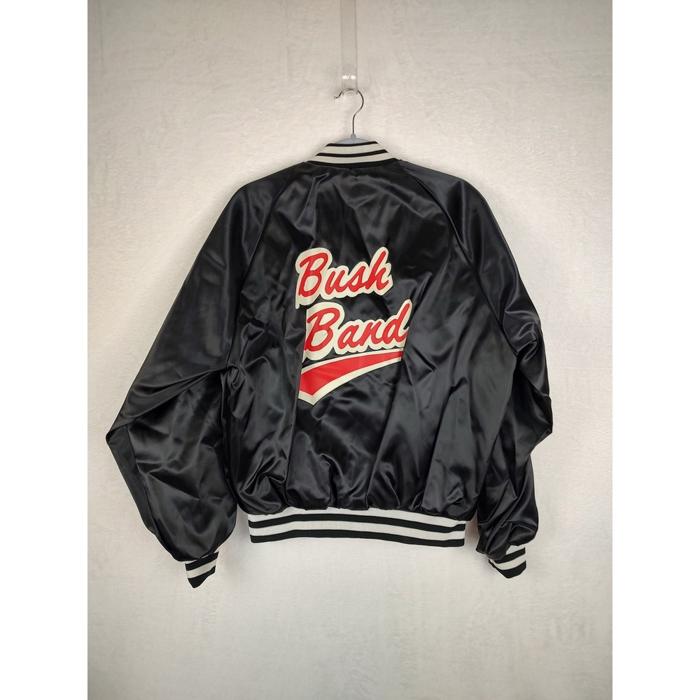 Vintage Dunbrooke Pla-Jac Black Satin Varsity Jacket Bush Band Large Made in USA
